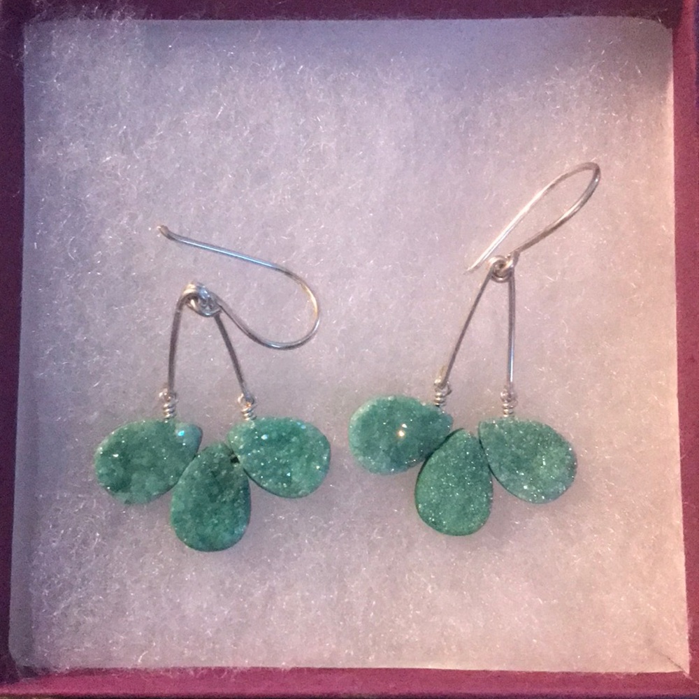 “Holly” Druzy Earrings in sea green. Original box.